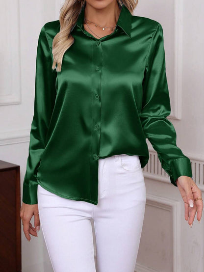 Como Satin Button Up Long Sleeve Blouse - Dark Green