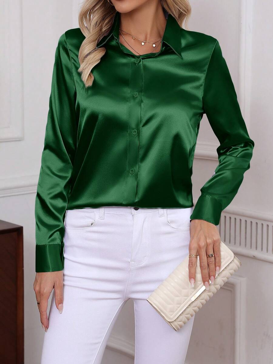 Como Satin Button Up Long Sleeve Blouse