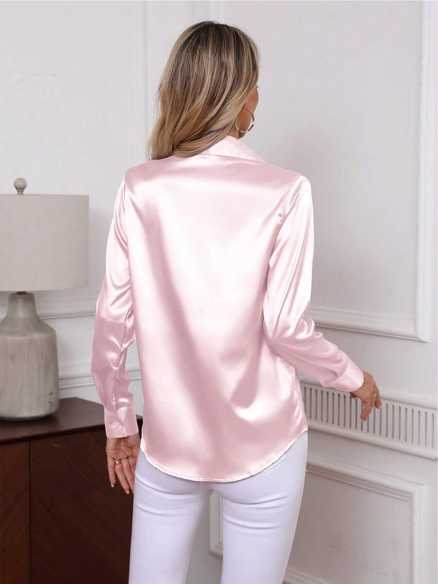 Como Satin Button Up Long Sleeve Blouse