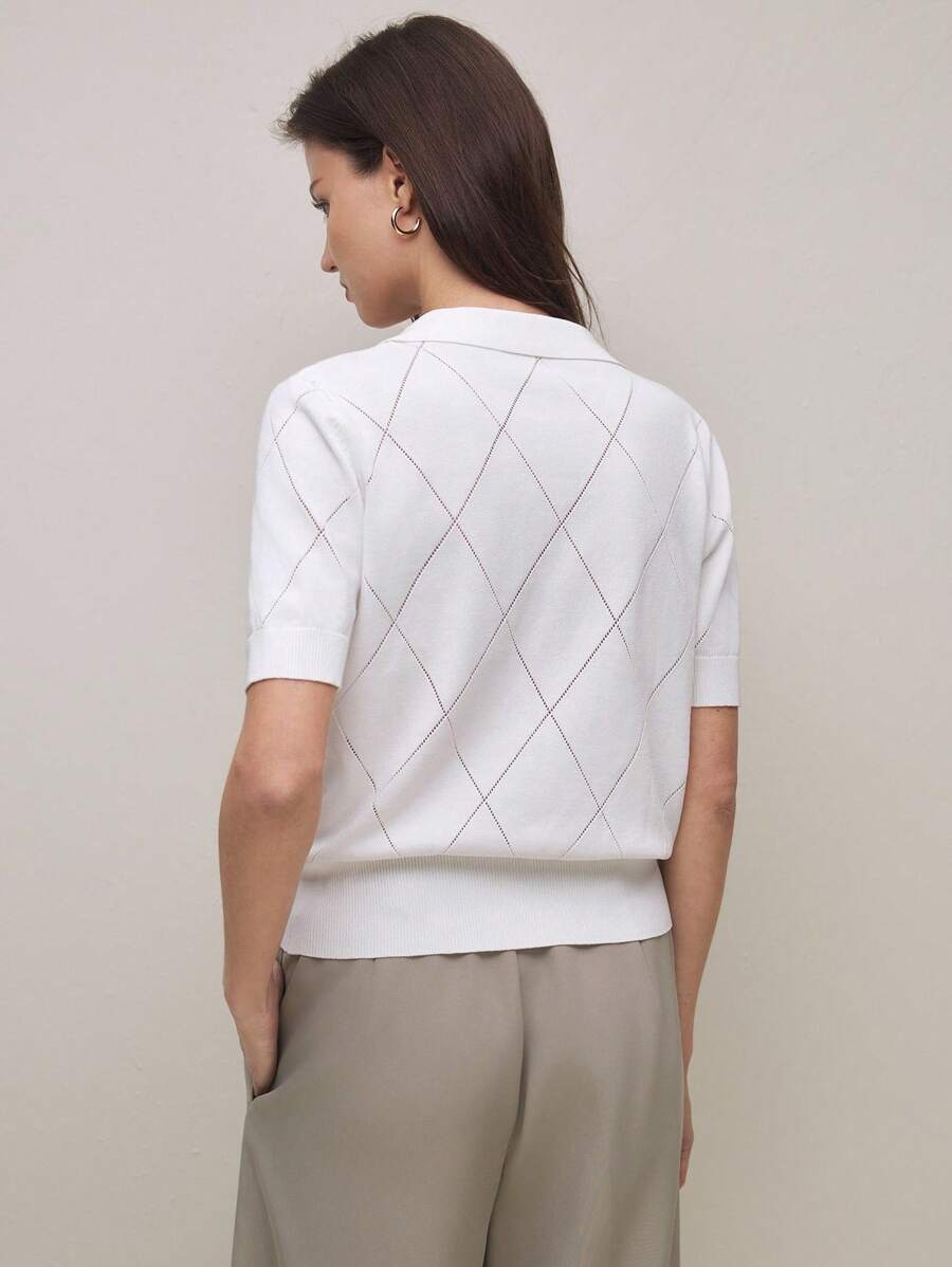 Tessa Avocado Green Polo Collar Diamond Knit Short Sleeve Sweater - White