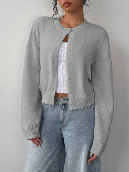 Elowen Round Neck Cropped Cardigan - Beige