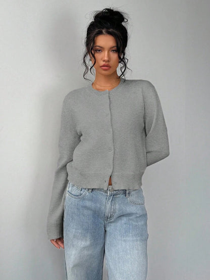 Elowen Round Neck Cropped Cardigan - Beige