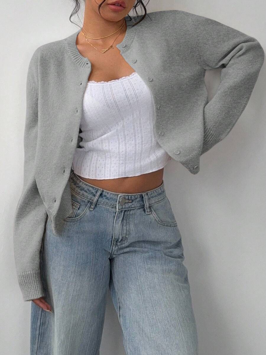 Elowen Round Neck Cropped Cardigan - Beige