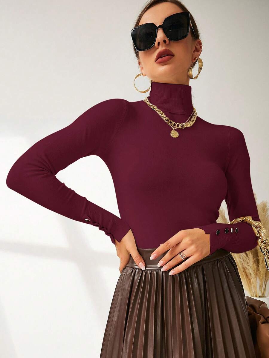 Leuven Ribbed Mock Neck Fitted Sweater with Button Cuffs
