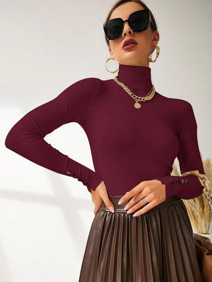 Leuven Ribbed Mock Neck Fitted Sweater with Button Cuffs
