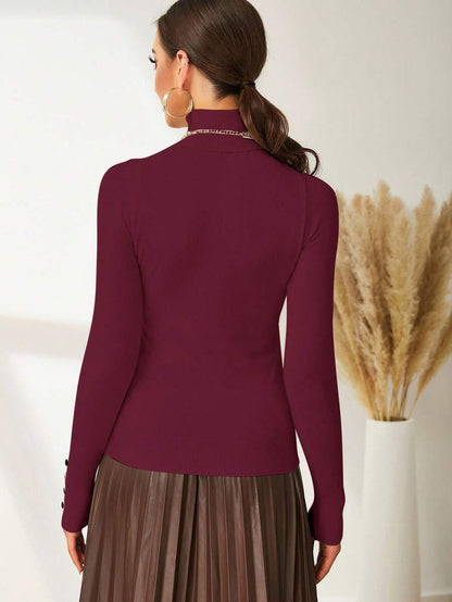Leuven Ribbed Mock Neck Fitted Sweater with Button Cuffs