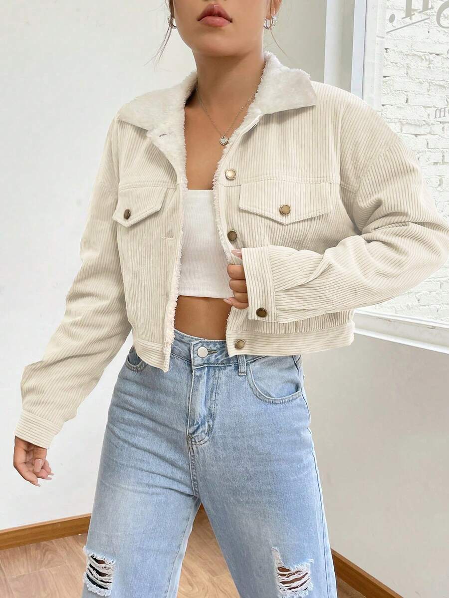 Marisol Fleece Lined Corduroy Jacket with Button Front - Cream