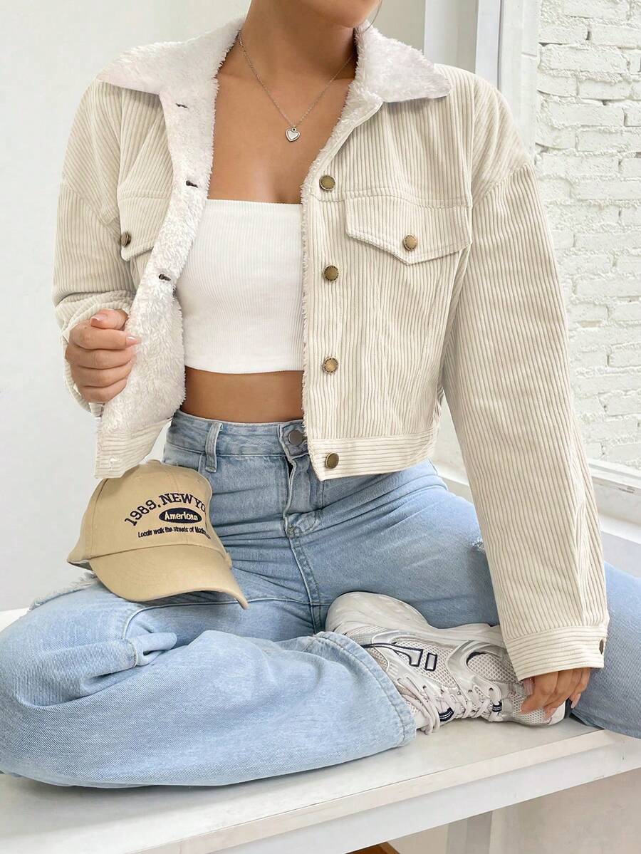 Marisol Fleece Lined Corduroy Jacket with Button Front - Cream