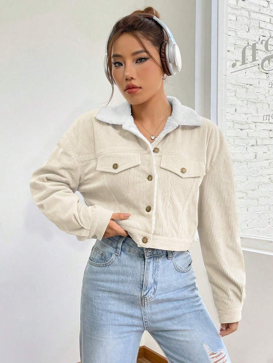 Marisol Fleece Lined Corduroy Jacket with Button Front - Cream