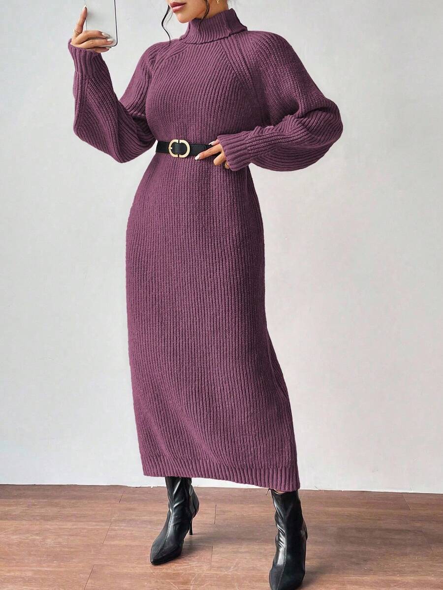 Anya High Neck Raglan Sleeve Sweater Dress - Purple