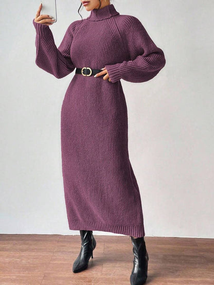 Anya High Neck Raglan Sleeve Sweater Dress - Purple