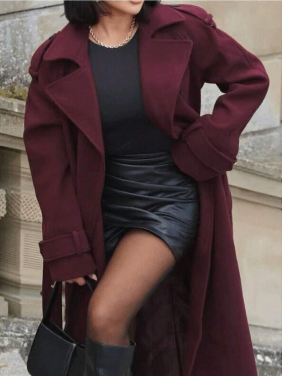 Laurel Double Breasted Belted Long Coat with Peak Lapels - Burgundy