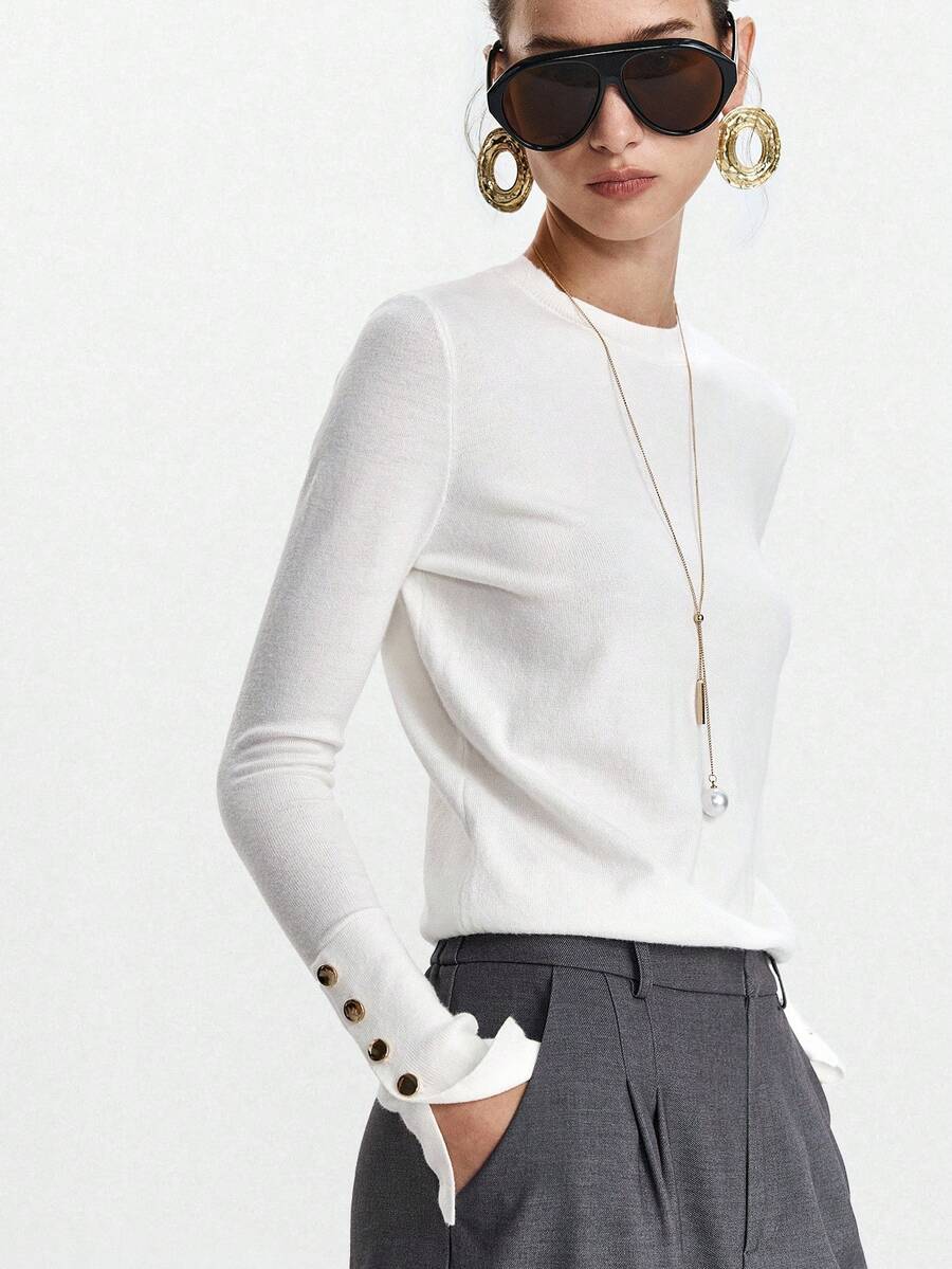 Women's Fine Knit Sweater with Button Cuffs, Lightweight Pullover for Fall Work Casual - Beige
