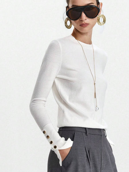 Women's Fine Knit Sweater with Button Cuffs, Lightweight Pullover for Fall Work Casual - Beige