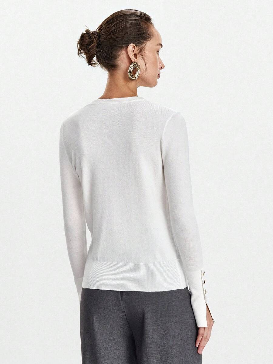 Women's Fine Knit Sweater with Button Cuffs, Lightweight Pullover for Fall Work Casual - Beige