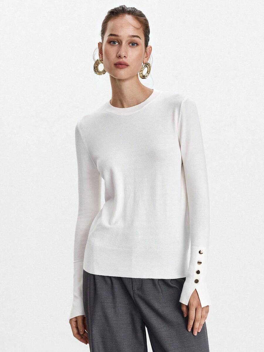 Women's Fine Knit Sweater with Button Cuffs, Lightweight Pullover for Fall Work Casual - Beige