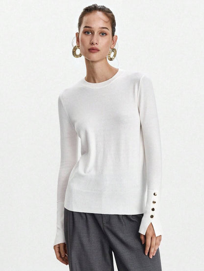 Women's Fine Knit Sweater with Button Cuffs, Lightweight Pullover for Fall Work Casual - Beige
