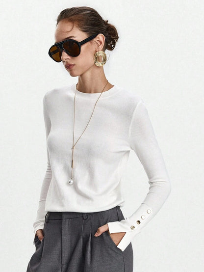 Women's Fine Knit Sweater with Button Cuffs, Lightweight Pullover for Fall Work Casual - Beige