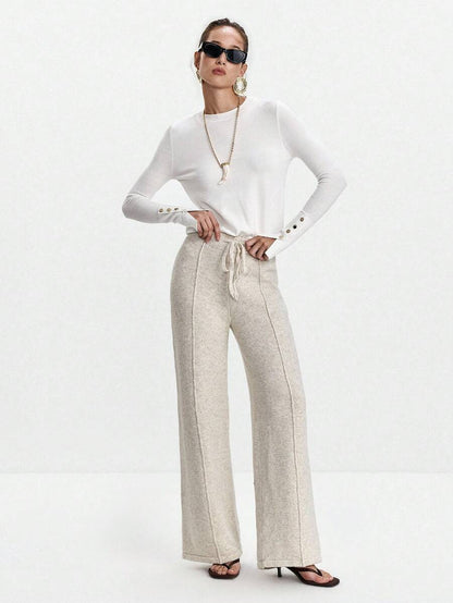 Women's Fine Knit Sweater with Button Cuffs, Lightweight Pullover for Fall Work Casual - Beige