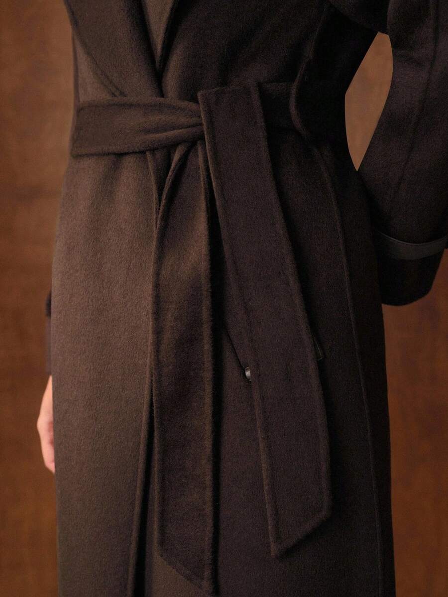 Ottavia Wool Blend Waterfall Lapel Belted Midi Coat with Slant Pockets - Coffee Brown