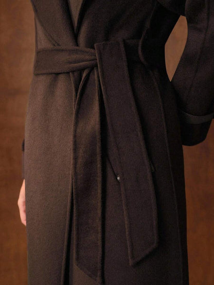 Ottavia Wool Blend Waterfall Lapel Belted Midi Coat with Slant Pockets - Coffee Brown