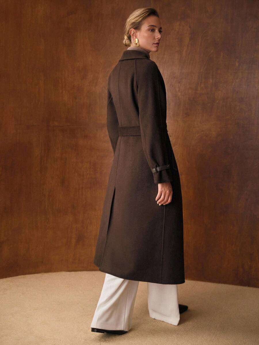 Ottavia Wool Blend Waterfall Lapel Belted Midi Coat with Slant Pockets - Coffee Brown