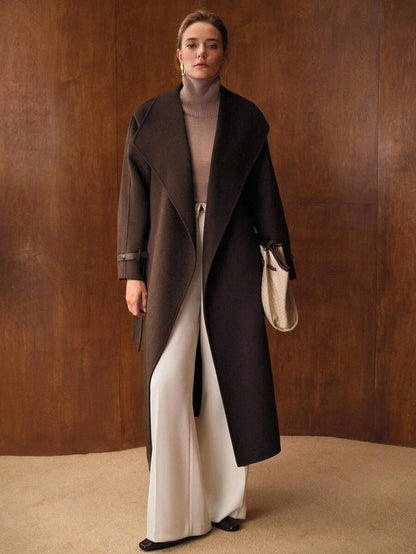 Ottavia Wool Blend Waterfall Lapel Belted Midi Coat with Slant Pockets - Coffee Brown