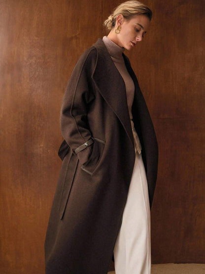 Ottavia Wool Blend Waterfall Lapel Belted Midi Coat with Slant Pockets - Coffee Brown