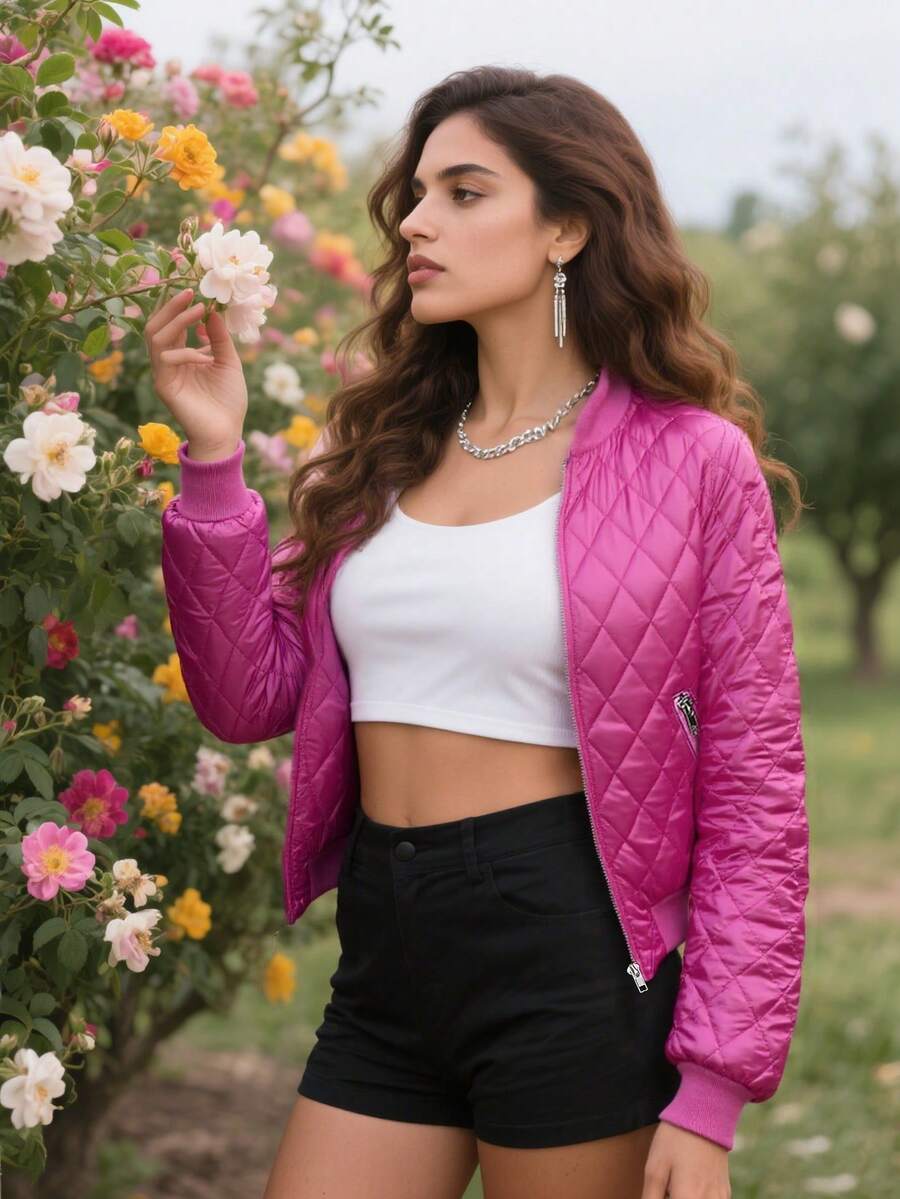 Narvik Diamond Quilted Zip Up Bomber Jacket - Hot Pink