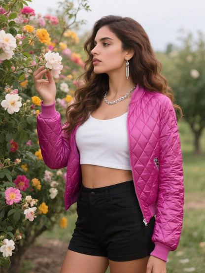 Narvik Diamond Quilted Zip Up Bomber Jacket - Hot Pink