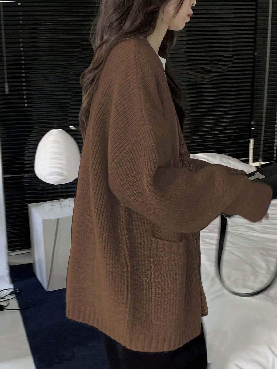 Bettina Oversized Chunky Cardigan with V Neck and Pockets - Chocolate Brown