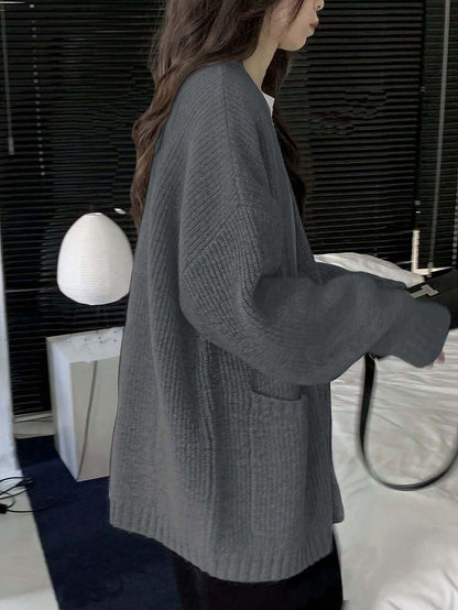 Bettina Oversized Chunky Cardigan with V Neck and Pockets - Charcoal Grey
