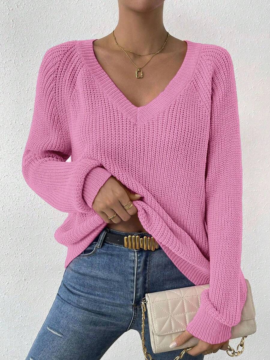 Aarhus V Neck Raglan Sleeve Ribbed Knit Sweater - Pink