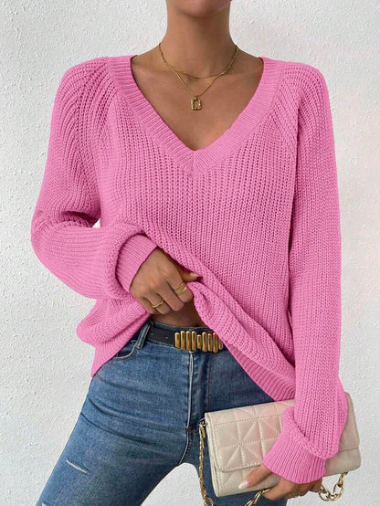 Aarhus V Neck Raglan Sleeve Ribbed Knit Sweater - Pink