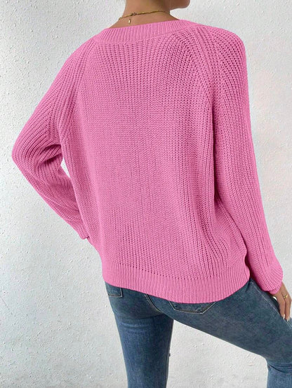 Aarhus V Neck Raglan Sleeve Ribbed Knit Sweater