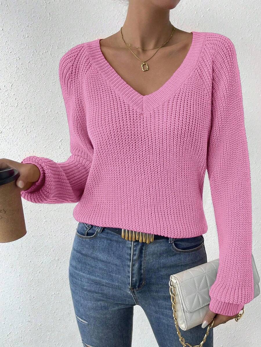 Aarhus V Neck Raglan Sleeve Ribbed Knit Sweater