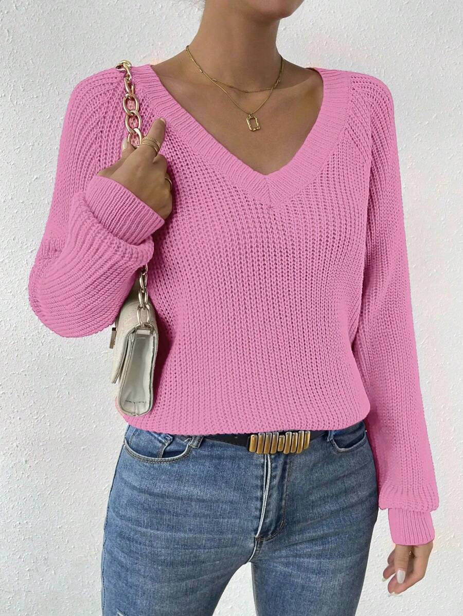 Aarhus V Neck Raglan Sleeve Ribbed Knit Sweater