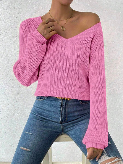 Aarhus V Neck Raglan Sleeve Ribbed Knit Sweater