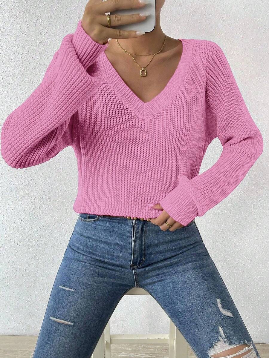 Aarhus V Neck Raglan Sleeve Ribbed Knit Sweater