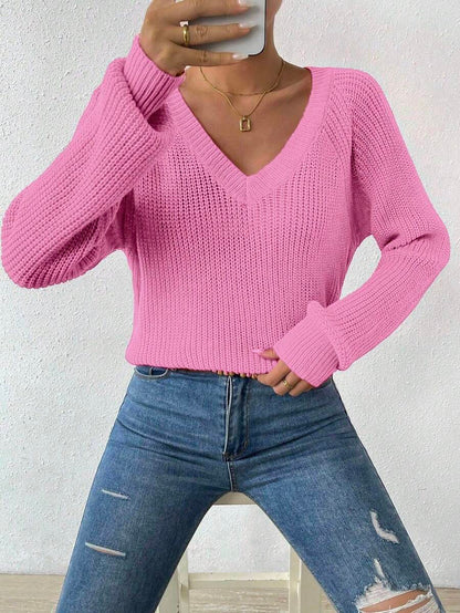 Aarhus V Neck Raglan Sleeve Ribbed Knit Sweater