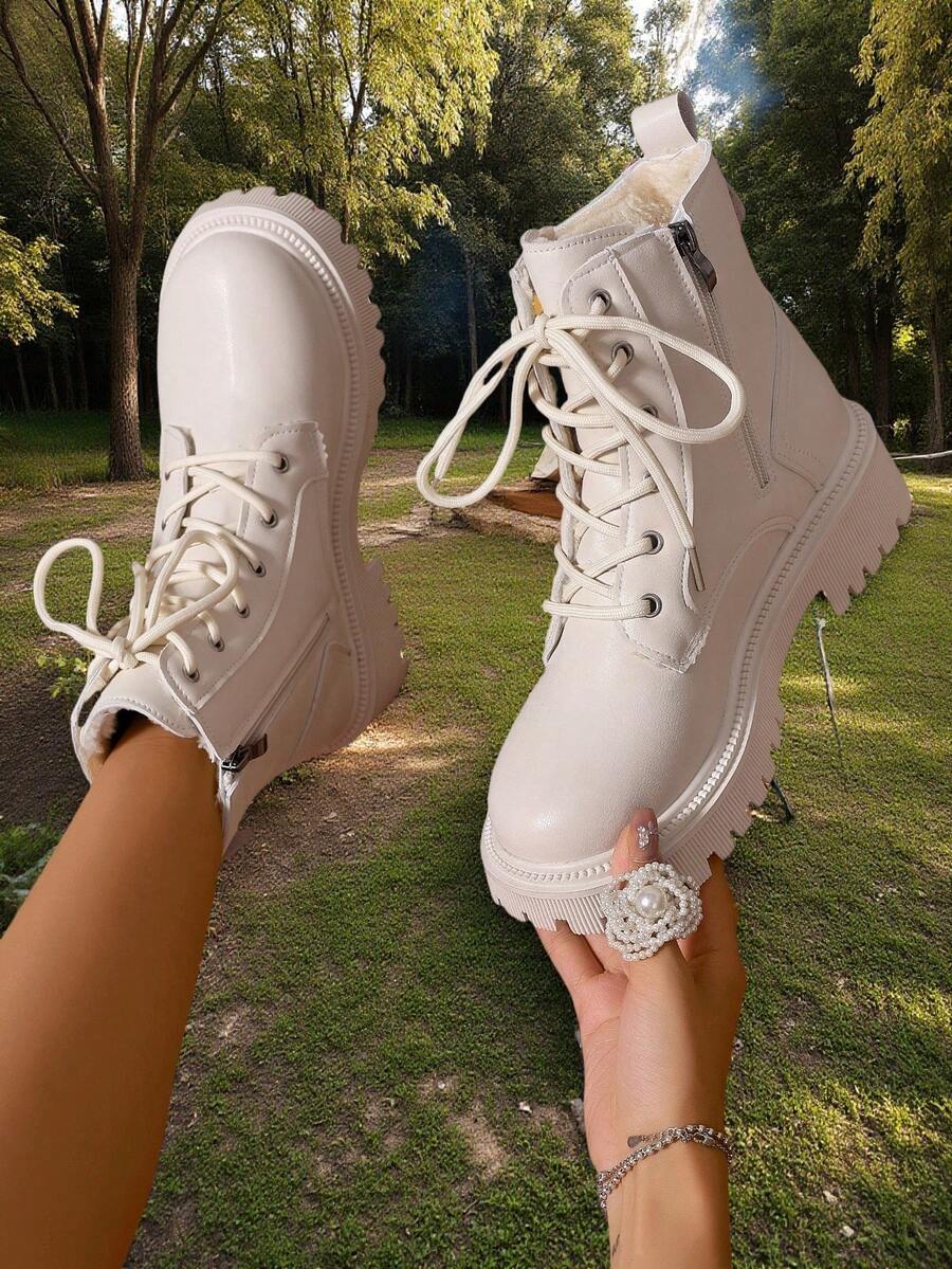 2026 Spring/Autumn/Winter New Women's Shoes, Winter Warm Women's Boots, Fashion Versatile Casual Women's Shoes, Black/White Ankle Boots With Lace-Up And Side Zipper, Flat Women's Boots, Women's Ankle Boots And Ankle Boots, Women's Fashion Boots, College S Mensa