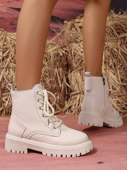 2026 Spring/Autumn/Winter New Women's Shoes, Winter Warm Women's Boots, Fashion Versatile Casual Women's Shoes, Black/White Ankle Boots With Lace-Up And Side Zipper, Flat Women's Boots, Women's Ankle Boots And Ankle Boots, Women's Fashion Boots, College S Mensa