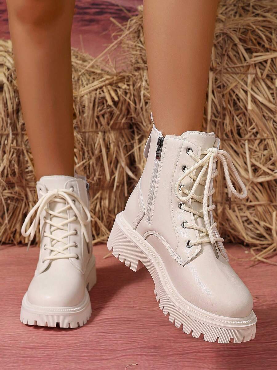 2026 Spring/Autumn/Winter New Women's Shoes, Winter Warm Women's Boots, Fashion Versatile Casual Women's Shoes, Black/White Ankle Boots With Lace-Up And Side Zipper, Flat Women's Boots, Women's Ankle Boots And Ankle Boots, Women's Fashion Boots, College S Mensa