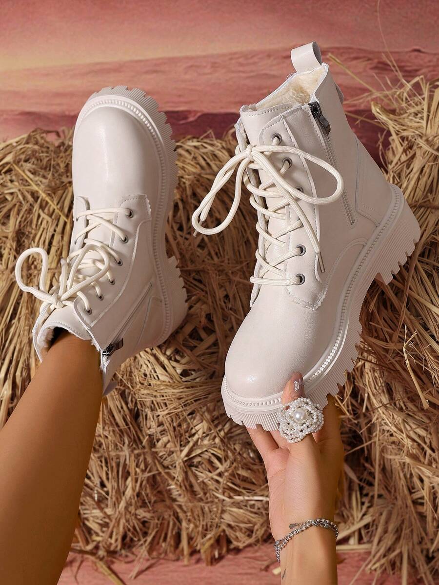 2026 Spring/Autumn/Winter New Women's Shoes, Winter Warm Women's Boots, Fashion Versatile Casual Women's Shoes, Black/White Ankle Boots With Lace-Up And Side Zipper, Flat Women's Boots, Women's Ankle Boots And Ankle Boots, Women's Fashion Boots, College S Mensa
