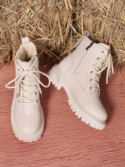 2026 Spring/Autumn/Winter New Women's Shoes, Winter Warm Women's Boots, Fashion Versatile Casual Women's Shoes, Black/White Ankle Boots With Lace-Up And Side Zipper, Flat Women's Boots, Women's Ankle Boots And Ankle Boots, Women's Fashion Boots, College S Mensa