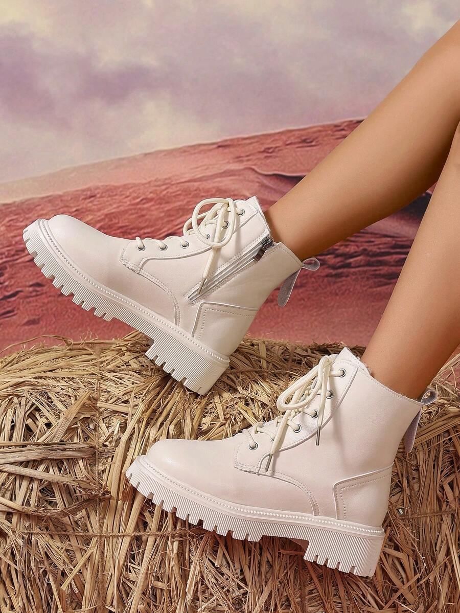 2026 Spring/Autumn/Winter New Women's Shoes, Winter Warm Women's Boots, Fashion Versatile Casual Women's Shoes, Black/White Ankle Boots With Lace-Up And Side Zipper, Flat Women's Boots, Women's Ankle Boots And Ankle Boots, Women's Fashion Boots, College S Mensa