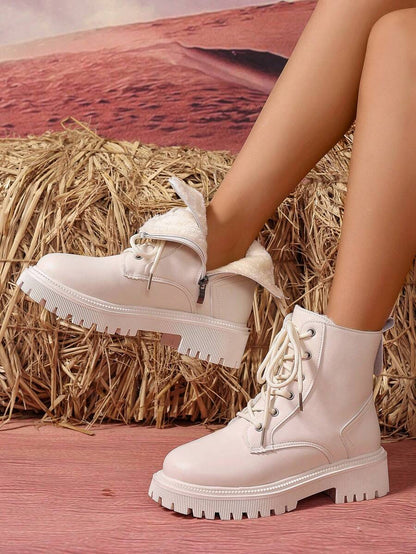 2026 Spring/Autumn/Winter New Women's Shoes, Winter Warm Women's Boots, Fashion Versatile Casual Women's Shoes, Black/White Ankle Boots With Lace-Up And Side Zipper, Flat Women's Boots, Women's Ankle Boots And Ankle Boots, Women's Fashion Boots, College S Mensa