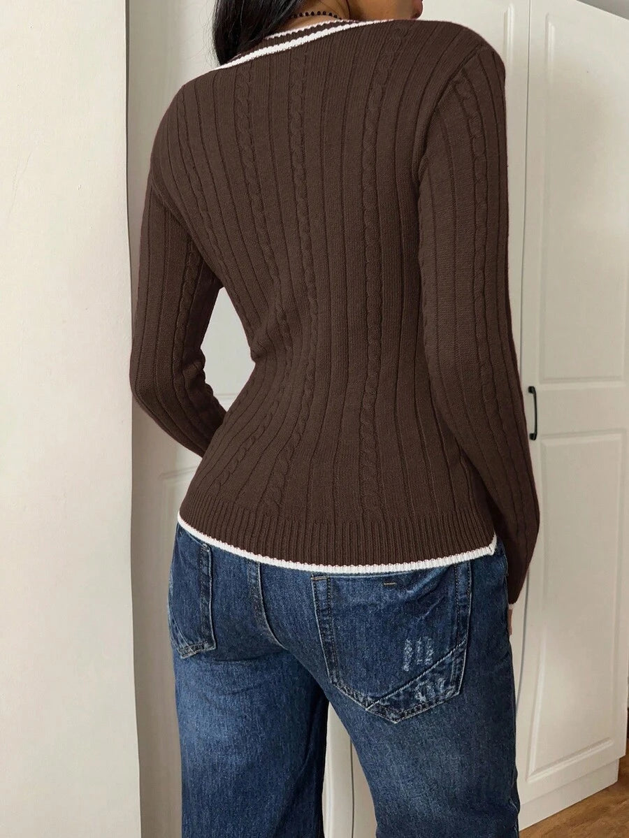 Saskia Slim V Neck Twist Cable Knit Sweater with Contrast Trim - Chocolate Brown