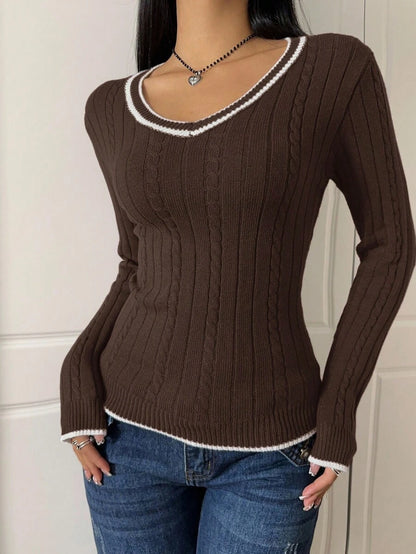 Saskia Slim V Neck Twist Cable Knit Sweater with Contrast Trim - Chocolate Brown