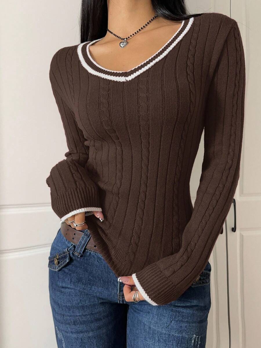 Saskia Slim V Neck Twist Cable Knit Sweater with Contrast Trim - Chocolate Brown